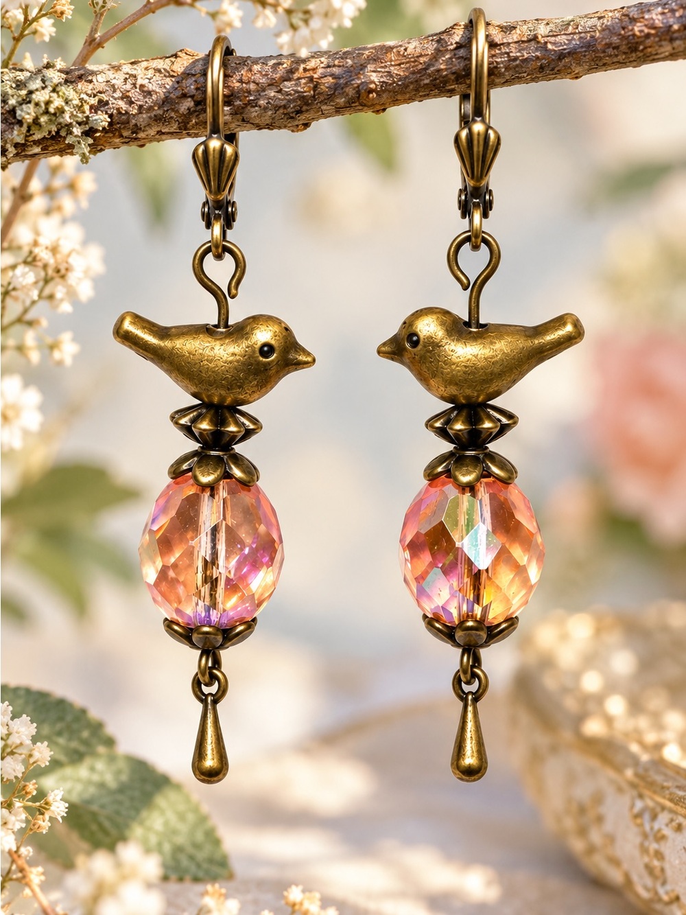 Czech Glass Bird Earrings, Antique Brass, Premium Leverbacks